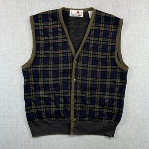 VTG 90s Florence Tricot Plaid Knit Sweater Vest Men M Blue Green Academia Ivy